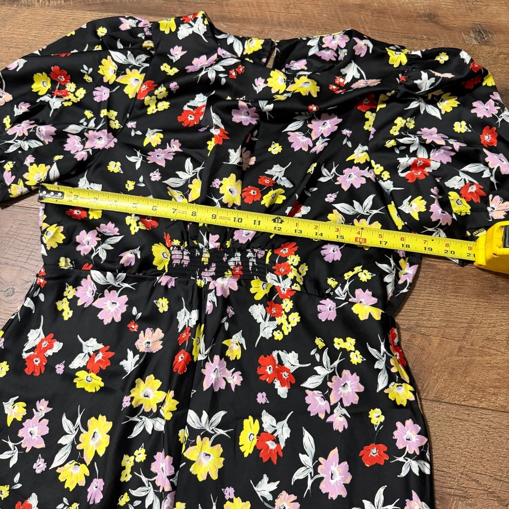 ASOS Design Black Floral Puff Sleeve Midi Dress V-Neck Size US 14 - Picture 6 of 7